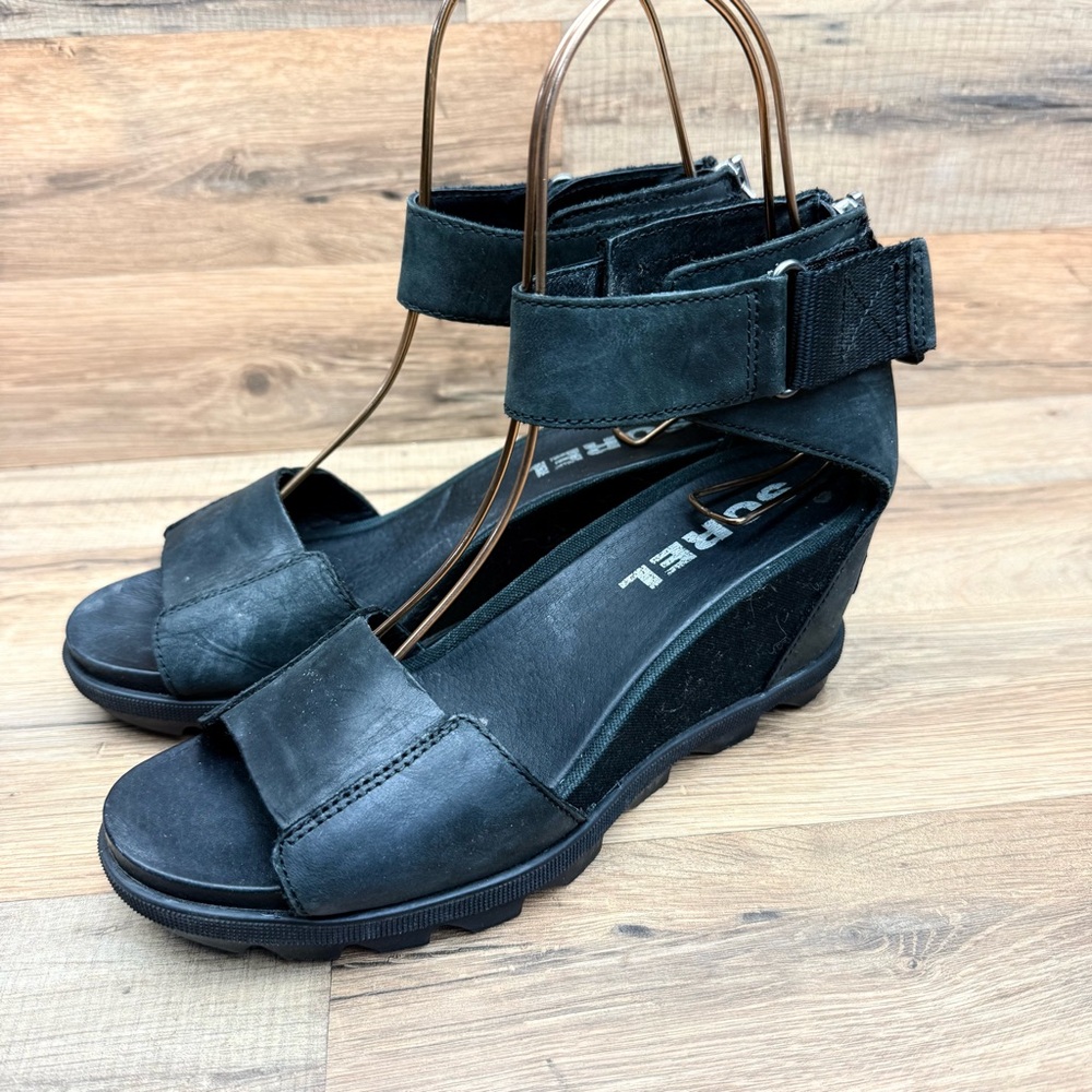 Sorel Wedges Women's size  8 Joanie Black Leather Espadrille Sandals Shoes - Picture 2 of 8